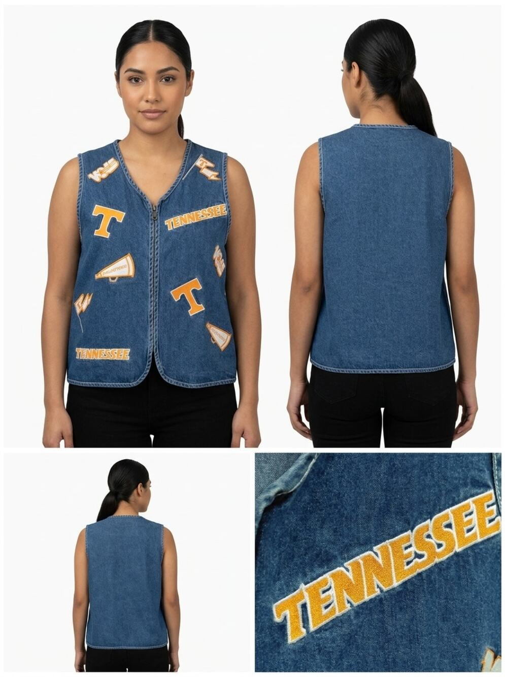 Collegiate Collection Denim Full Zip Embroidered V-Neck Jacket Women Size M